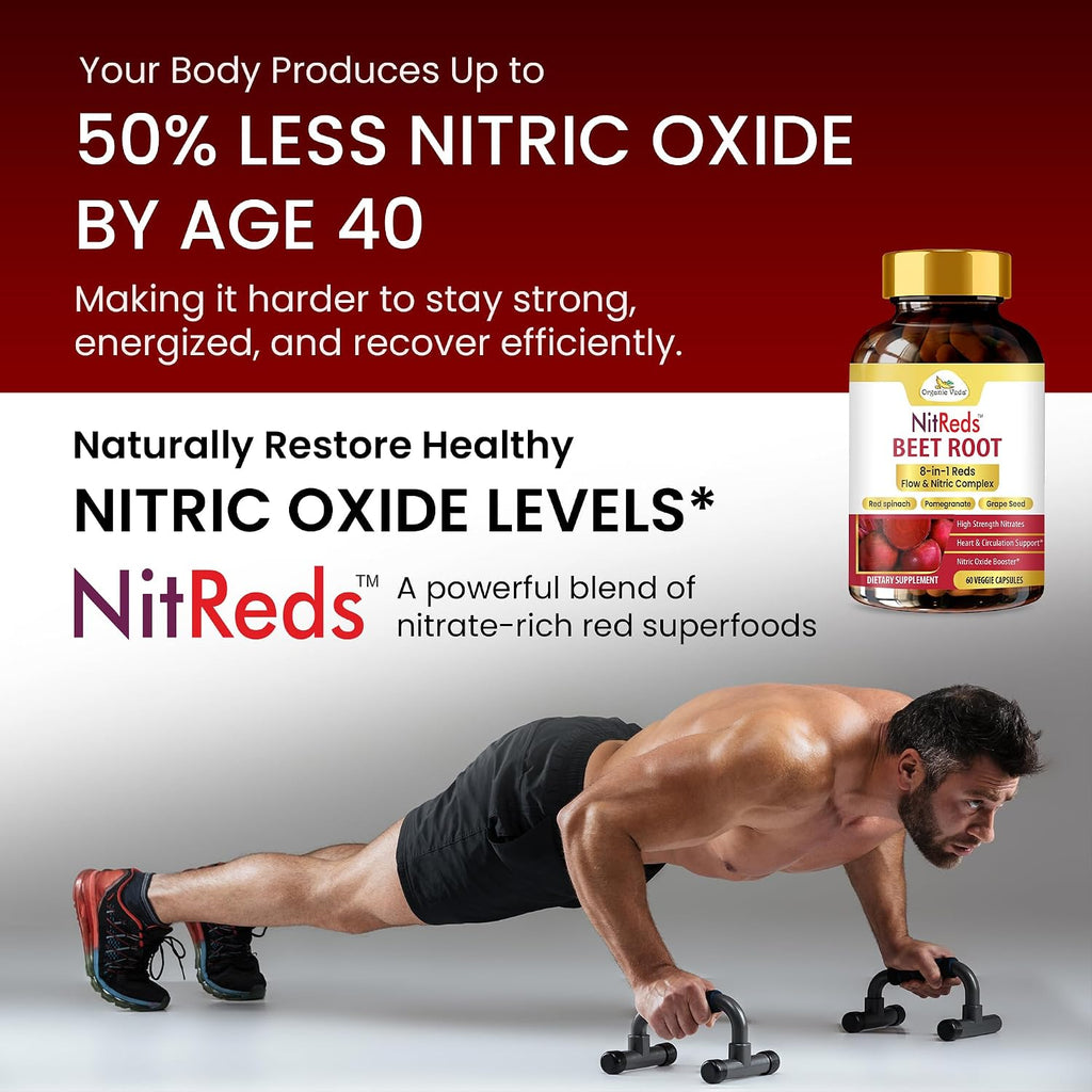 NitReds Suplemento de Óxido Nítrico con Remolacha, Granada y Uva - 60 Cápsulas - Apoya la Circulación y Salud Cardiovascular