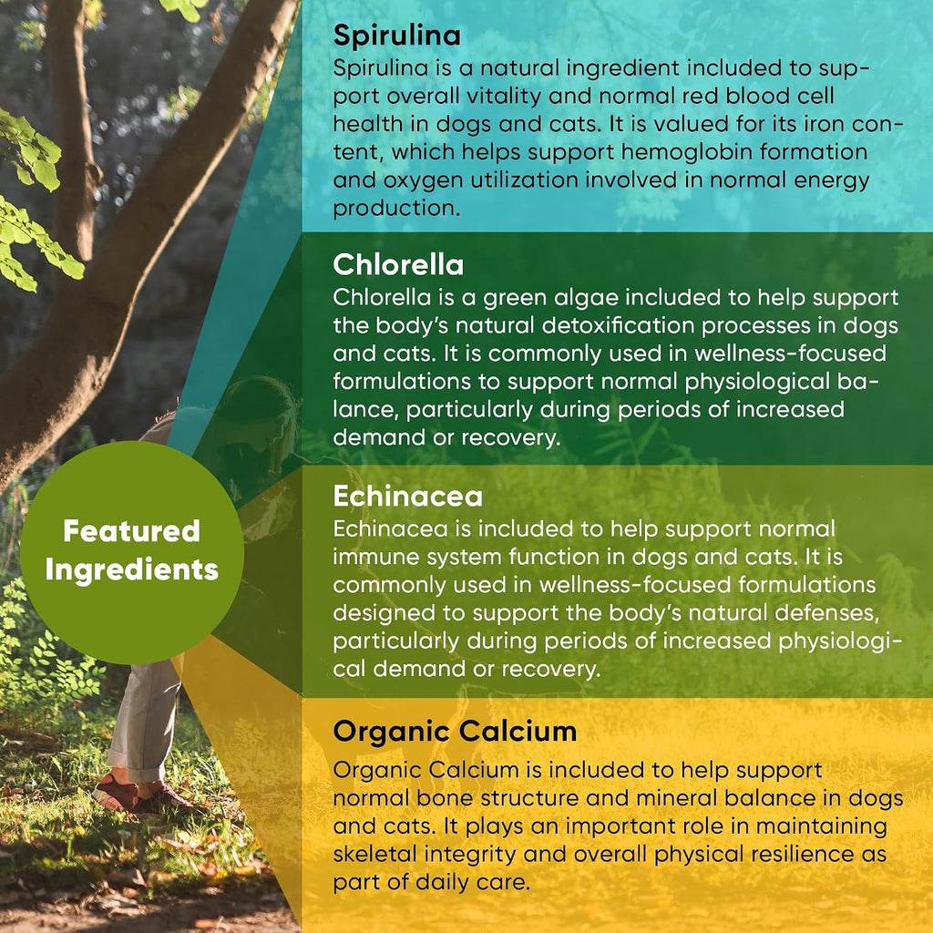 Rooted Owl® Blood Support para Perros y Gatos con Espirulina y Chlorella