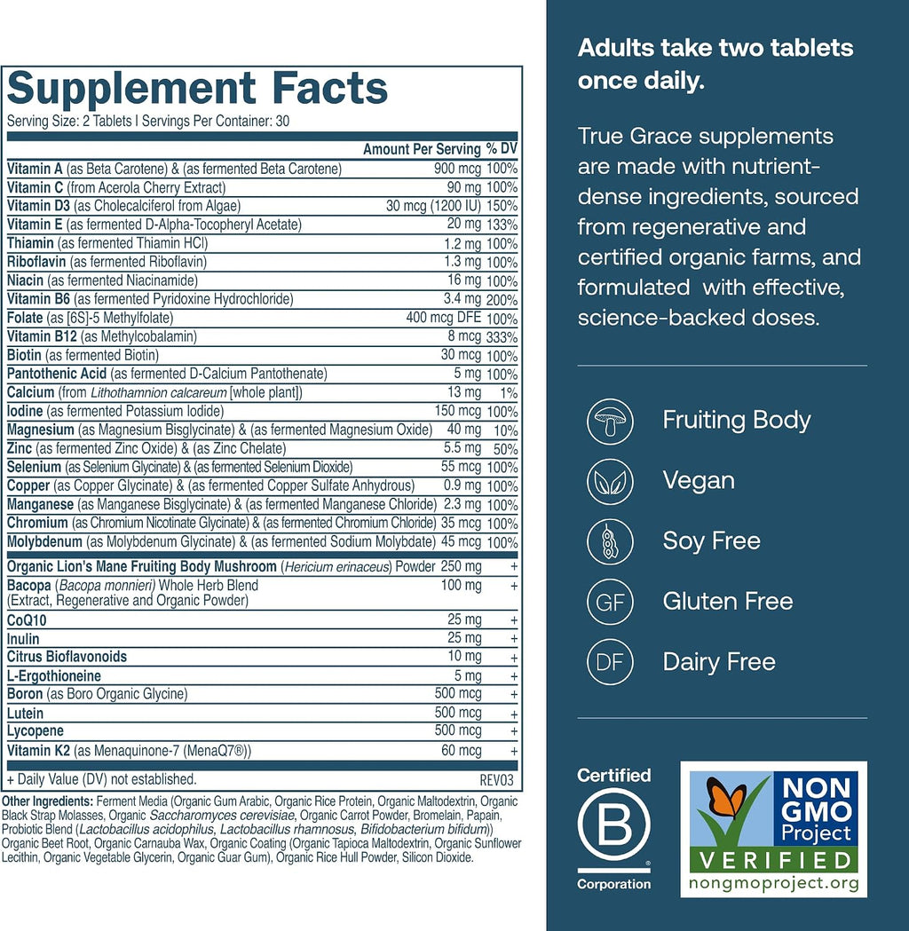 True Grace Multivitamínico Diario para Hombres 50+ – 60 Comprimidos – Apoyo Inmunológico, Energía, Longevidad y Memoria – Sin Gluten, Sin Soja, Vegano