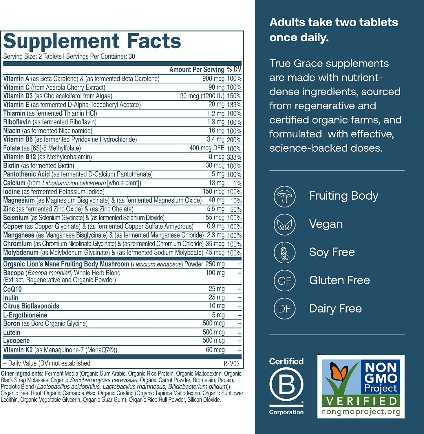 True Grace Multivitamínico Diario para Hombres 50+ – 60 Comprimidos – Apoyo Inmunológico, Energía, Longevidad y Memoria – Sin Gluten, Sin Soja, Vegano