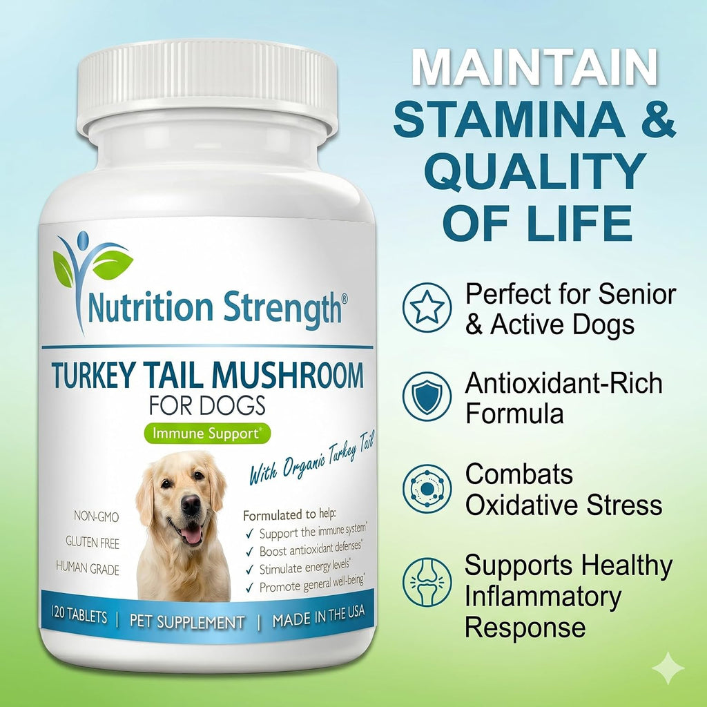 Nutrition Strength Cola de Pavo Orgánica para Perros - 500mg de Alta Potencia - Apoyo Inmunológico - Salud Celular - 120 Comprimidos Masticables