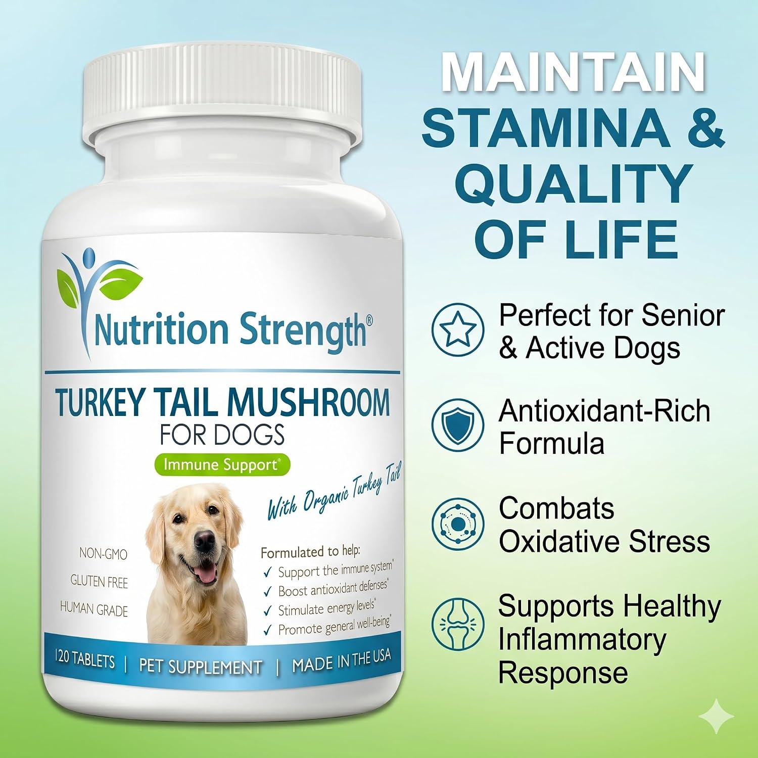 Nutrition Strength Cola de Pavo Orgánica para Perros - 500mg de Alta Potencia - Apoyo Inmunológico - Salud Celular - 120 Comprimidos Masticables