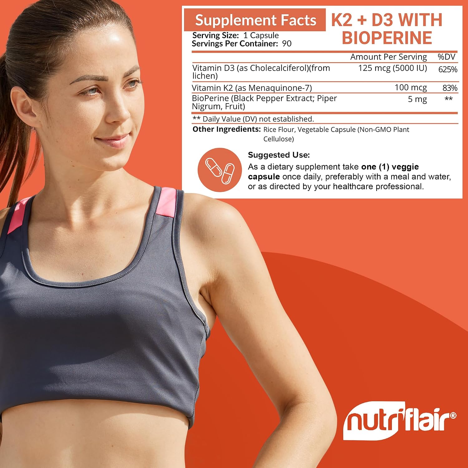 NutriFlair Vitamina D3 5000 UI + K2 MK-7 100 mcg – 90 Cápsulas Veganas