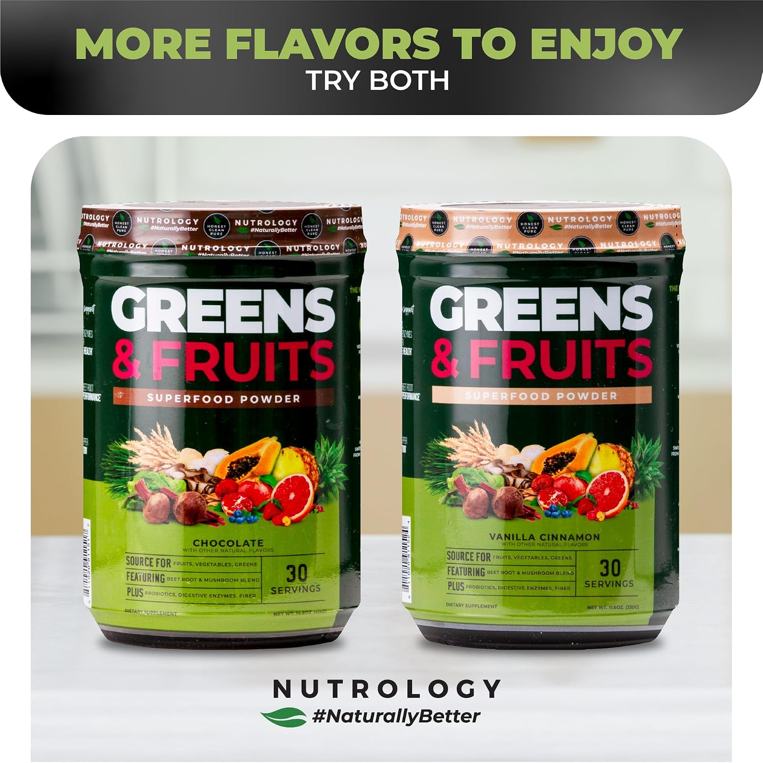 Nutrology Greens & Fruits Powder - Mezcla de frutas y verduras, remolacha, setas, probióticos, enzimas digestivas, fibra, antioxidantes - Sabor Chocolate - 30 raciones