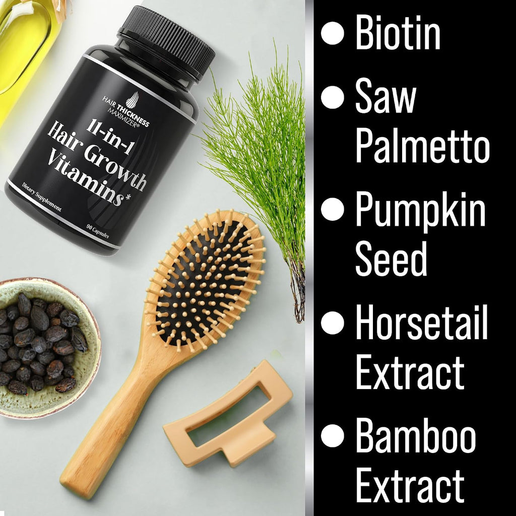 Hair Thickness Maximizer - Vitaminas Veganas 11 en 1 para Cabello, con 5000mcg de Biotina, Zinc y Semilla de Calabaza