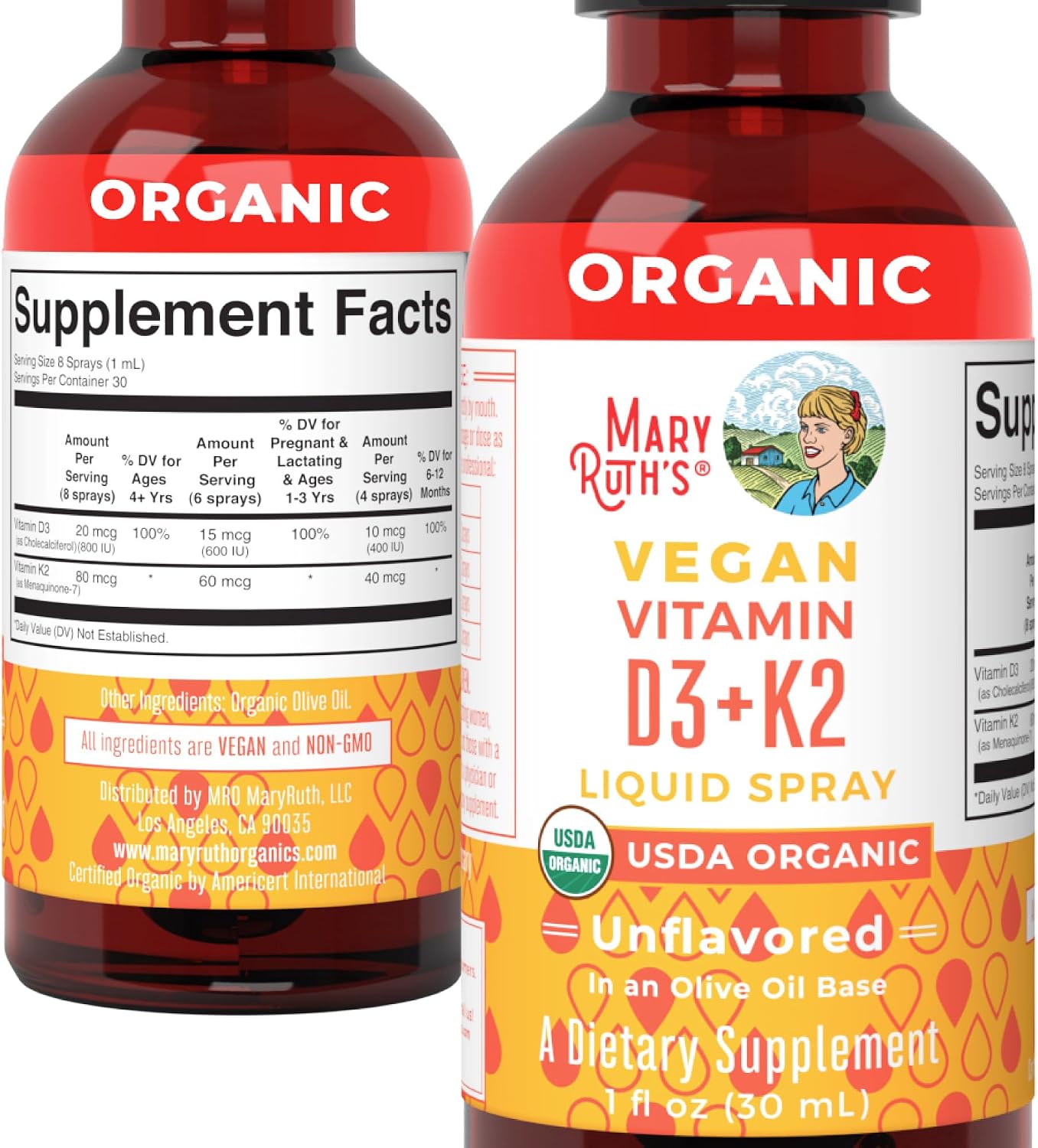 MaryRuth's Spray Orgánico de Vitamina D3 + K2 (MK-7) | 30 dosis