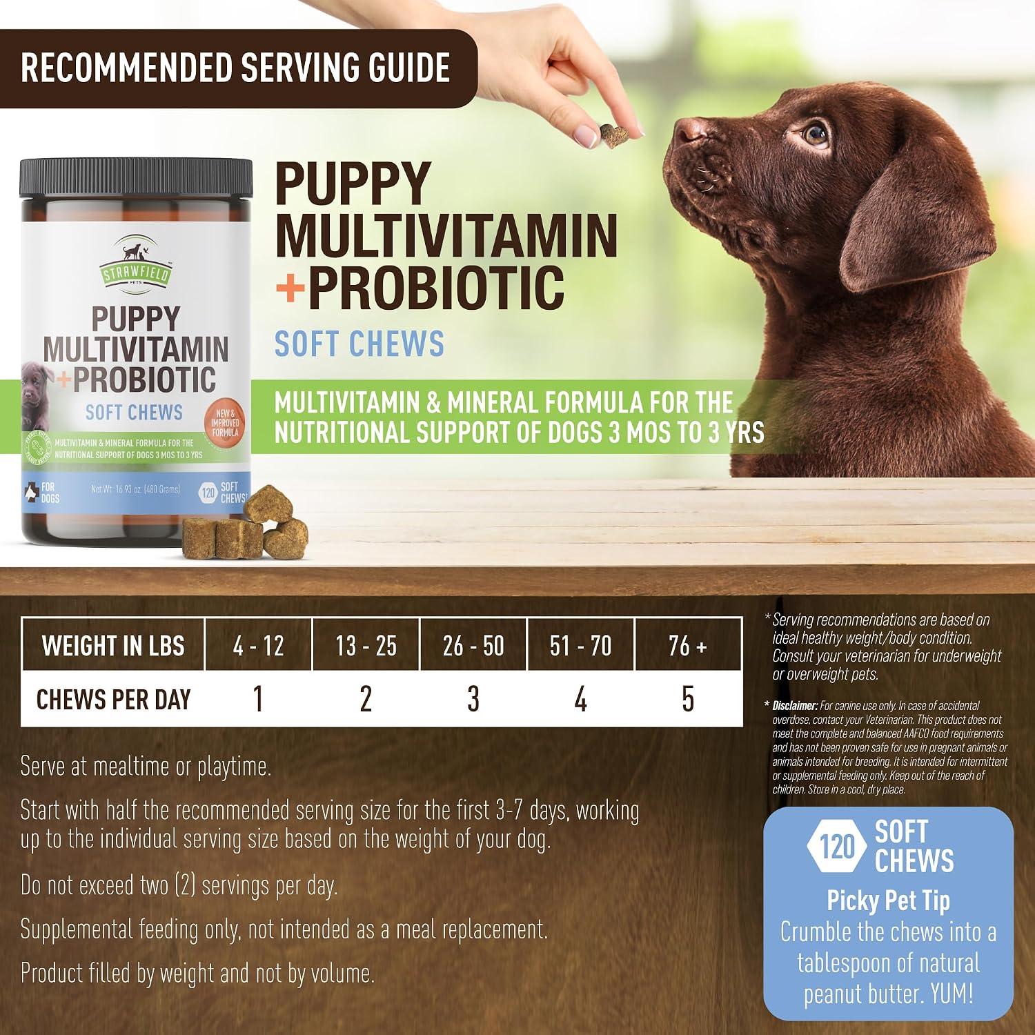 Strawfield Pets Multivitamínico + Probióticos para Cachorros - 120 Comprimidos Blandos Sabor Mantequilla de Cacahuete