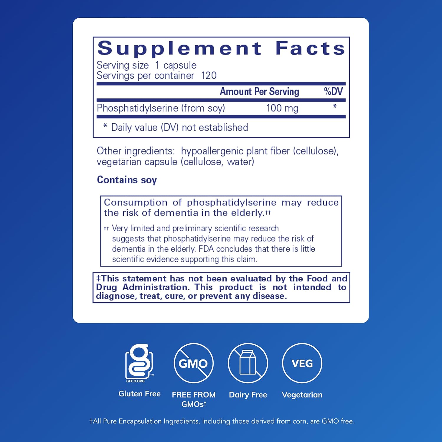 Pure Encapsulations PS 100 | Fosfatidilserina 100 mg | 120 Cápsulas