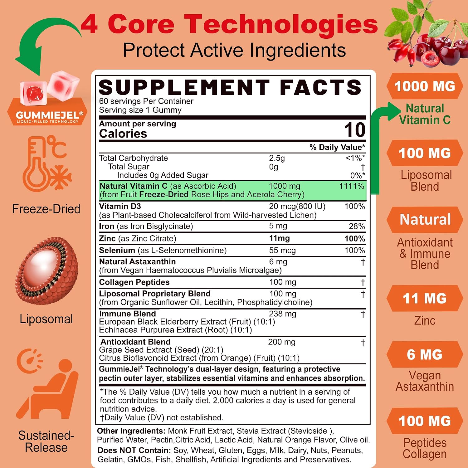 Natural Liposomal Vitamin C Gummies for Adults Kids 9+, Chewable Vitamin C w/ 11mg Zinc, D3, Elderberry, Echinacea, Bioflavonoid,Immune Support, Whole Food VIT C from Fruits, Sugar Free, 2Pack