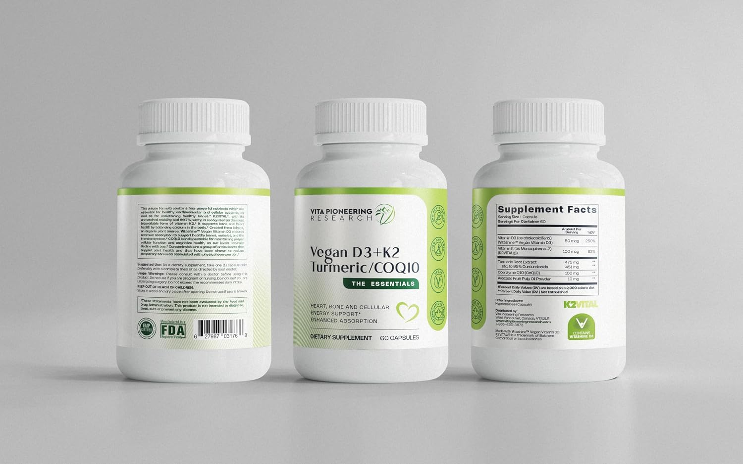 Vita Pioneering Research 5-en-1 Vitamina D3 2000UI + K2 MK-7 con Cúrcuma y CoQ10