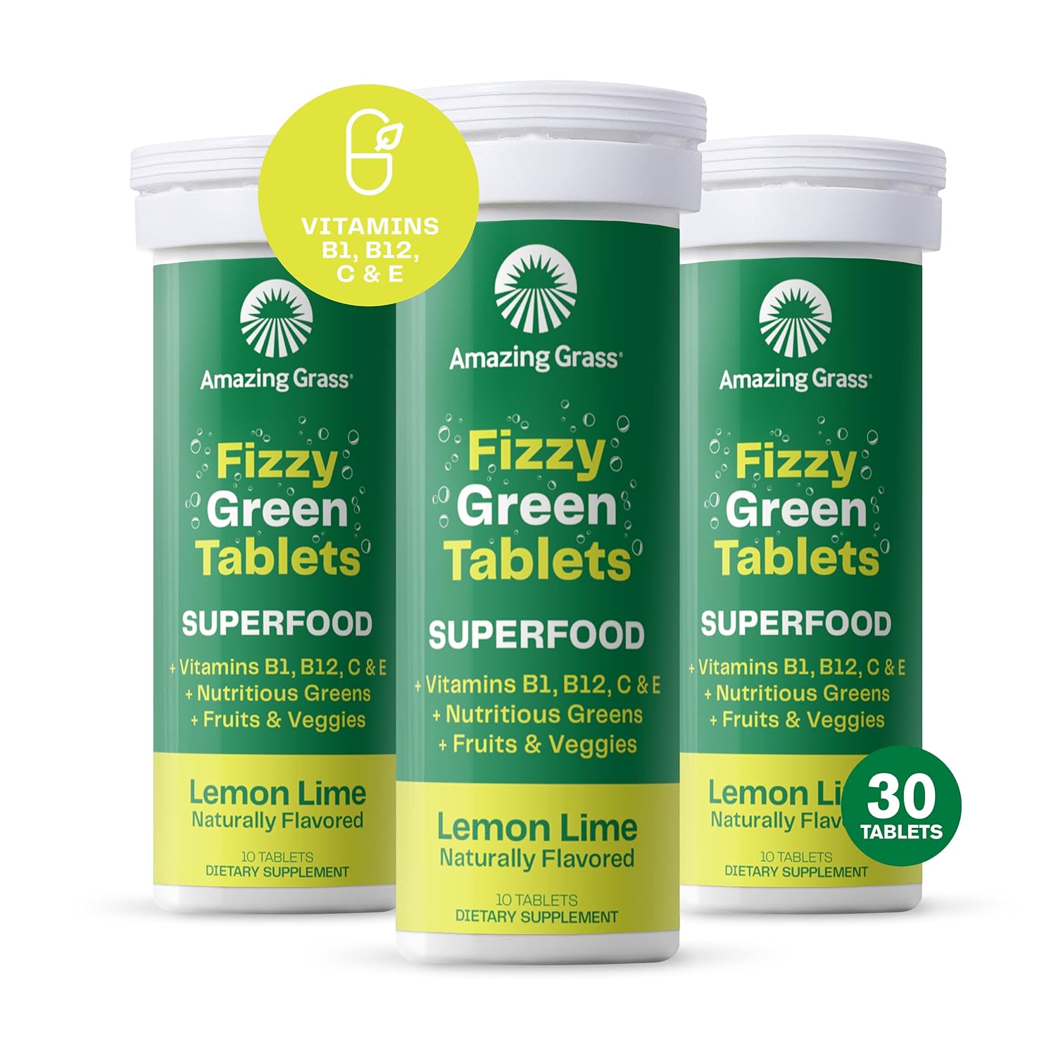Amazing Grass Fizzy Green Tablets Superfood, Sabor Limón Lima, 30 Comprimidos (3 Tubos de 10)