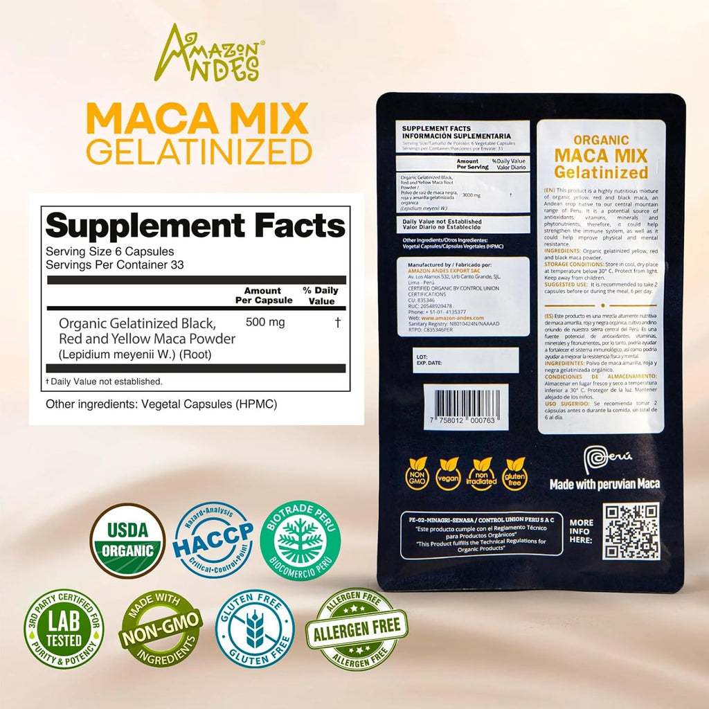 Cápsulas de Maca Negra, Roja y Amarilla Premium – 3000mg por Ración