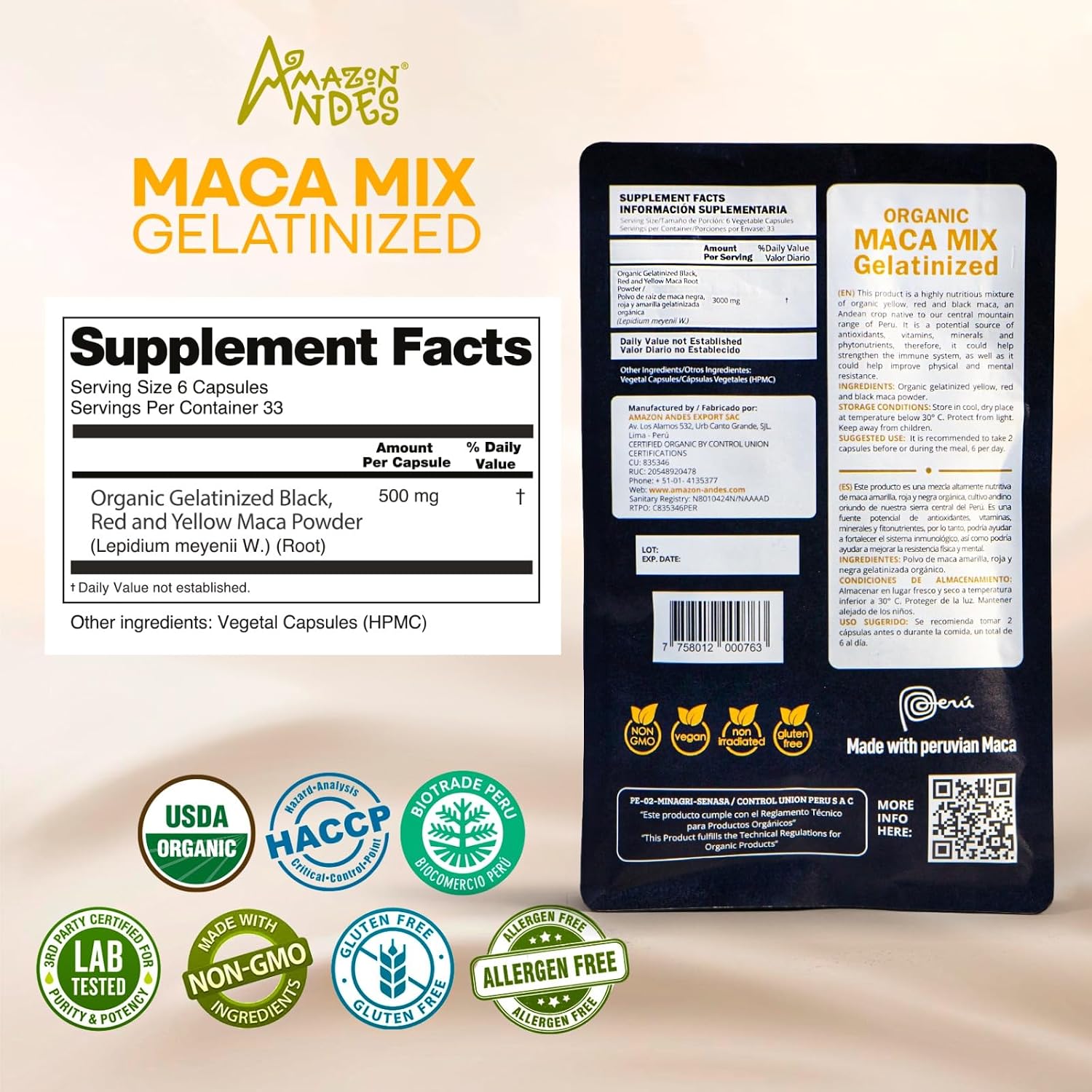 Cápsulas de Maca Negra, Roja y Amarilla Premium – 3000mg por Ración