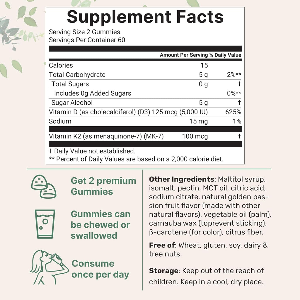 Micro Ingredients Vitamina D3 K2 Gummies, 120 unidades | 5.000 UI Vitamina D + 100 mcg K2 MK-7 | Gominolas sin azúcar sabor maracuyá | No GMO, Sin Gluten