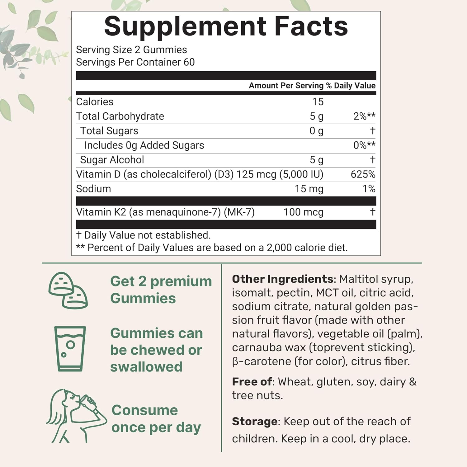 Micro Ingredients Vitamina D3 K2 Gummies, 120 unidades | 5.000 UI Vitamina D + 100 mcg K2 MK-7 | Gominolas sin azúcar sabor maracuyá | No GMO, Sin Gluten