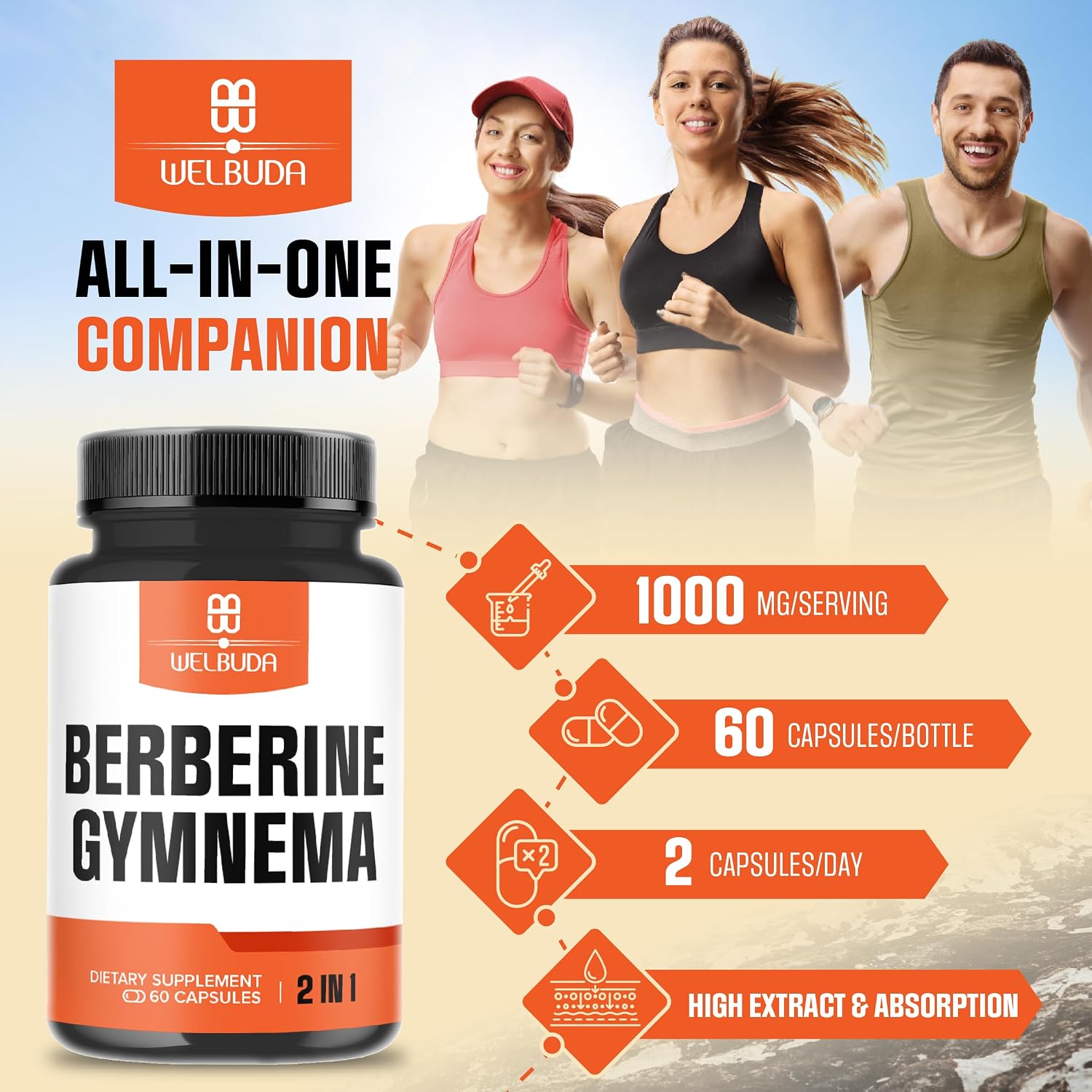 WELBUDA Berberine Supplement with Organic Gymnema Sylvestre Leaf - 60 Capsules