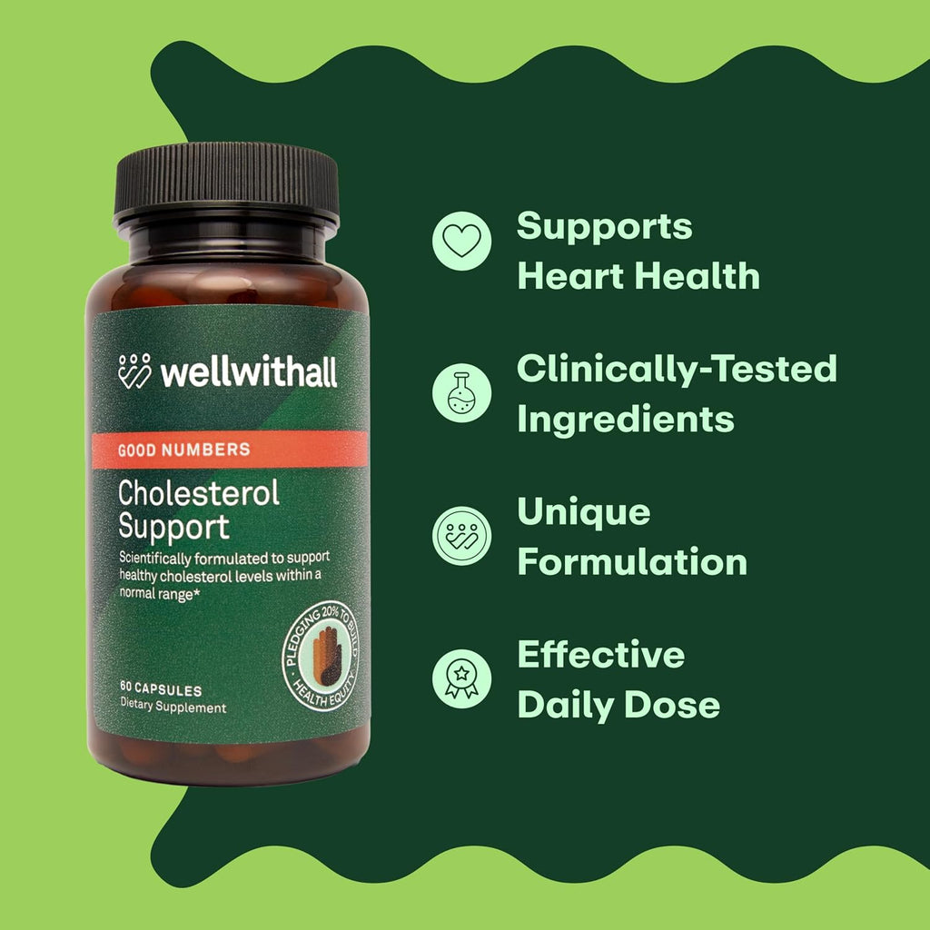 WellWithAll Cholesterol Support | Suplemento para el Colesterol con Bergamota, Policosanol y Crominex 3+ | 60 Cápsulas