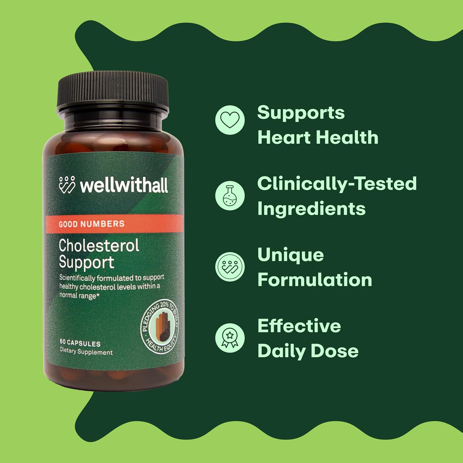 WellWithAll Cholesterol Support | Suplemento para el Colesterol con Bergamota, Policosanol y Crominex 3+ | 60 Cápsulas