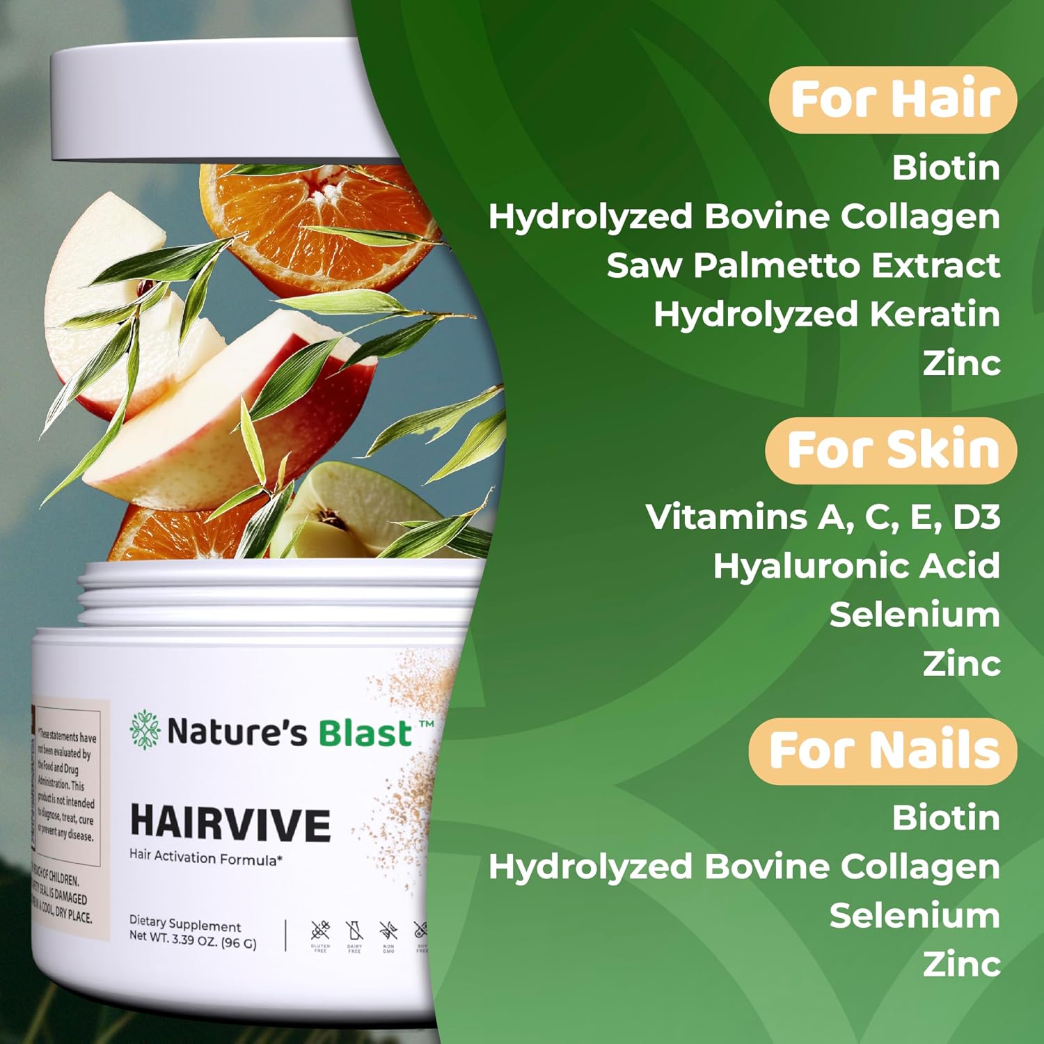 HairVive Suplemento de Crecimiento Capilar para Mujeres - Acelerador de Crecimiento del Cabello con Biotina, Colágeno y Saw Palmetto - Sabor a Tarta de Manzana 96g