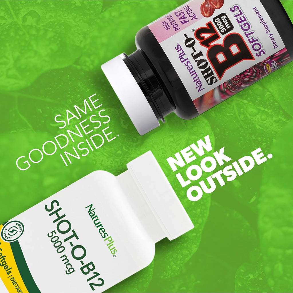 NaturesPlus Shot-O-B12 - 30 Softgels - 5000 mcg - Methylcobalamin - Gluten-Free