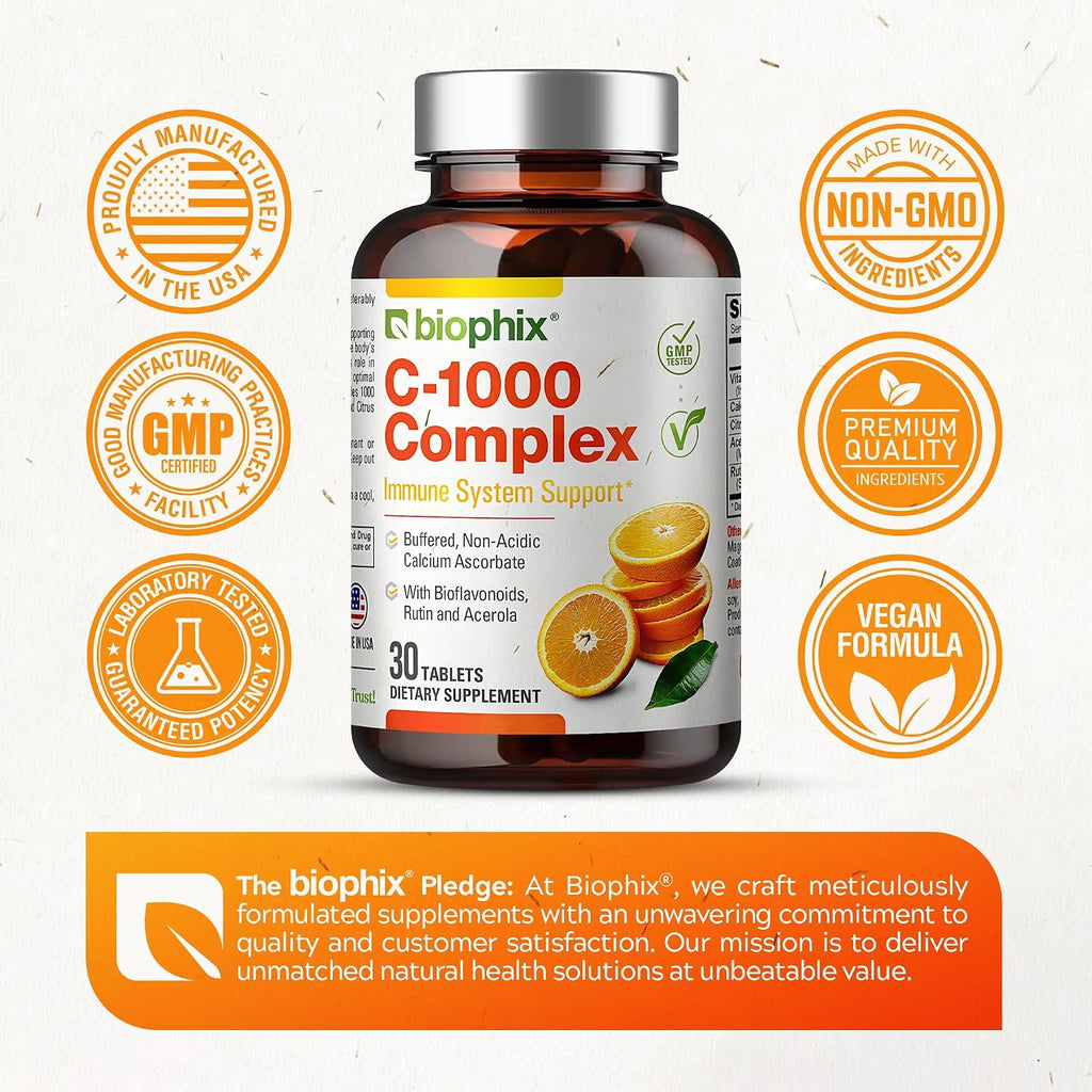 biophix Vitamin C 1000 mg - 30 Tablets - Vegan Complex with Calcium Ascorbate, Bioflavonoids, Acerola and Rutin