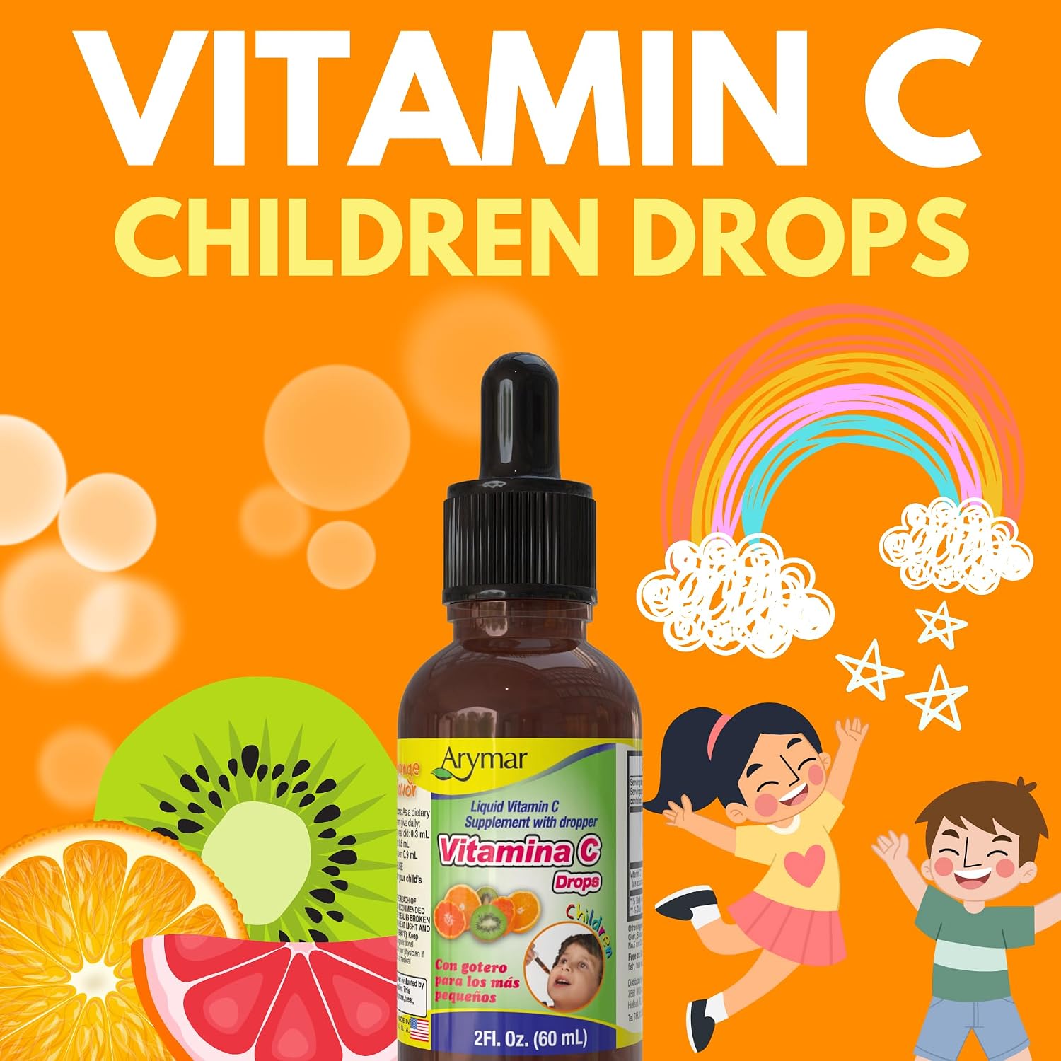 Arymar Vitamin C Drops – Gotas de Vitamina C, 60 ml, Sabor Naranja, Vegano