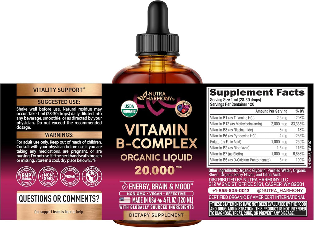 NUTRAHARMONY Complejo B Líquido USDA Orgánico - 20000 mcg con B5, B12 Metilcobalamina, B1, B6, B7, B9, B3 - Sabor Natural a Bayas, Sin Azúcar, 118 ml