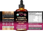 NUTRAHARMONY Complejo B Líquido USDA Orgánico - 20000 mcg con B5, B12 Metilcobalamina, B1, B6, B7, B9, B3 - Sabor Natural a Bayas, Sin Azúcar, 118 ml