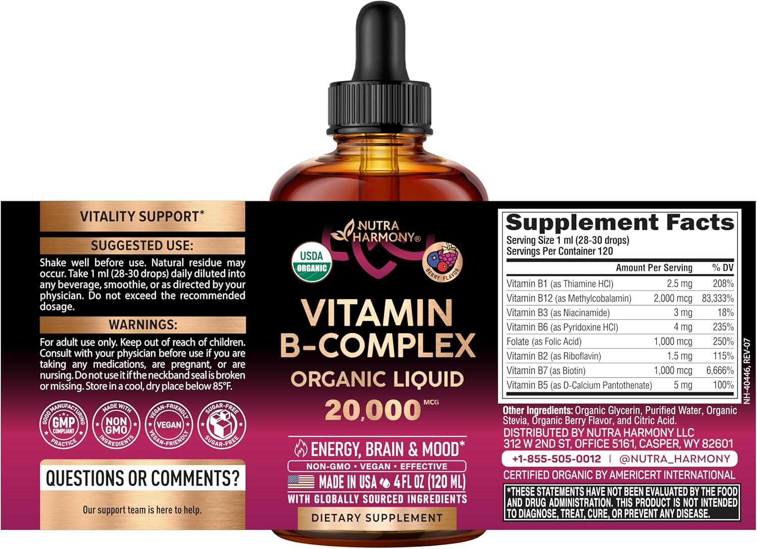 NUTRAHARMONY Complejo B Líquido USDA Orgánico - 20000 mcg con B5, B12 Metilcobalamina, B1, B6, B7, B9, B3 - Sabor Natural a Bayas, Sin Azúcar, 118 ml