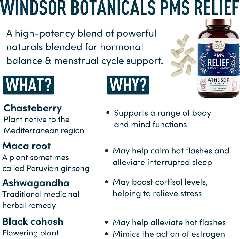 Suplemento para el Síndrome Premenstrual con Chasteberry, Maca y Ashwagandha - Alivio del Período, Hinchazón, Apoyo al Estado de Ánimo, Equilibrio Hormonal - 60 Cápsulas Veganas