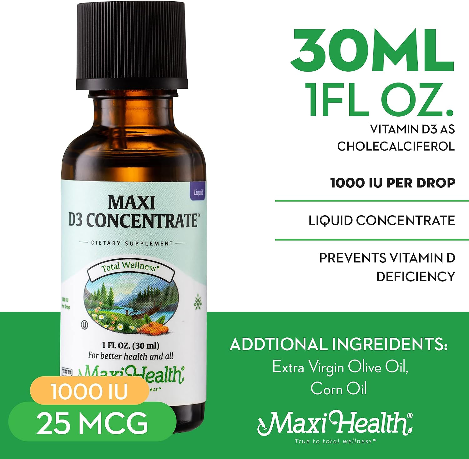 Vitamina D3 Concentrado - 1000 UI por gota - Complemento alimenticio - 30 ml (1 fl oz) - Maxi Health