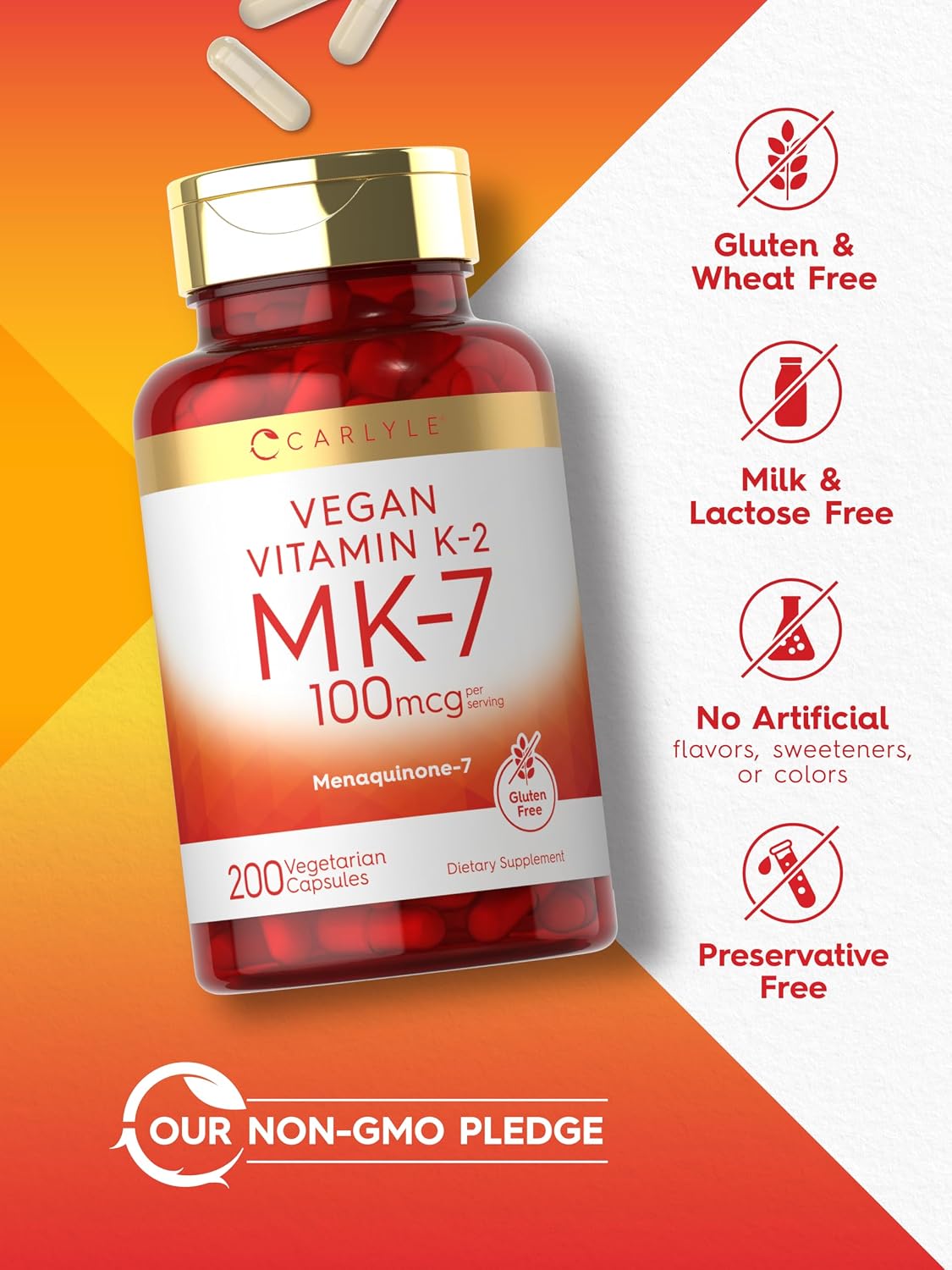 Carlyle MK-7 Vitamina K2 100 mcg | 200 Cápsulas | Suplemento Vegano, No GMO y Sin Gluten