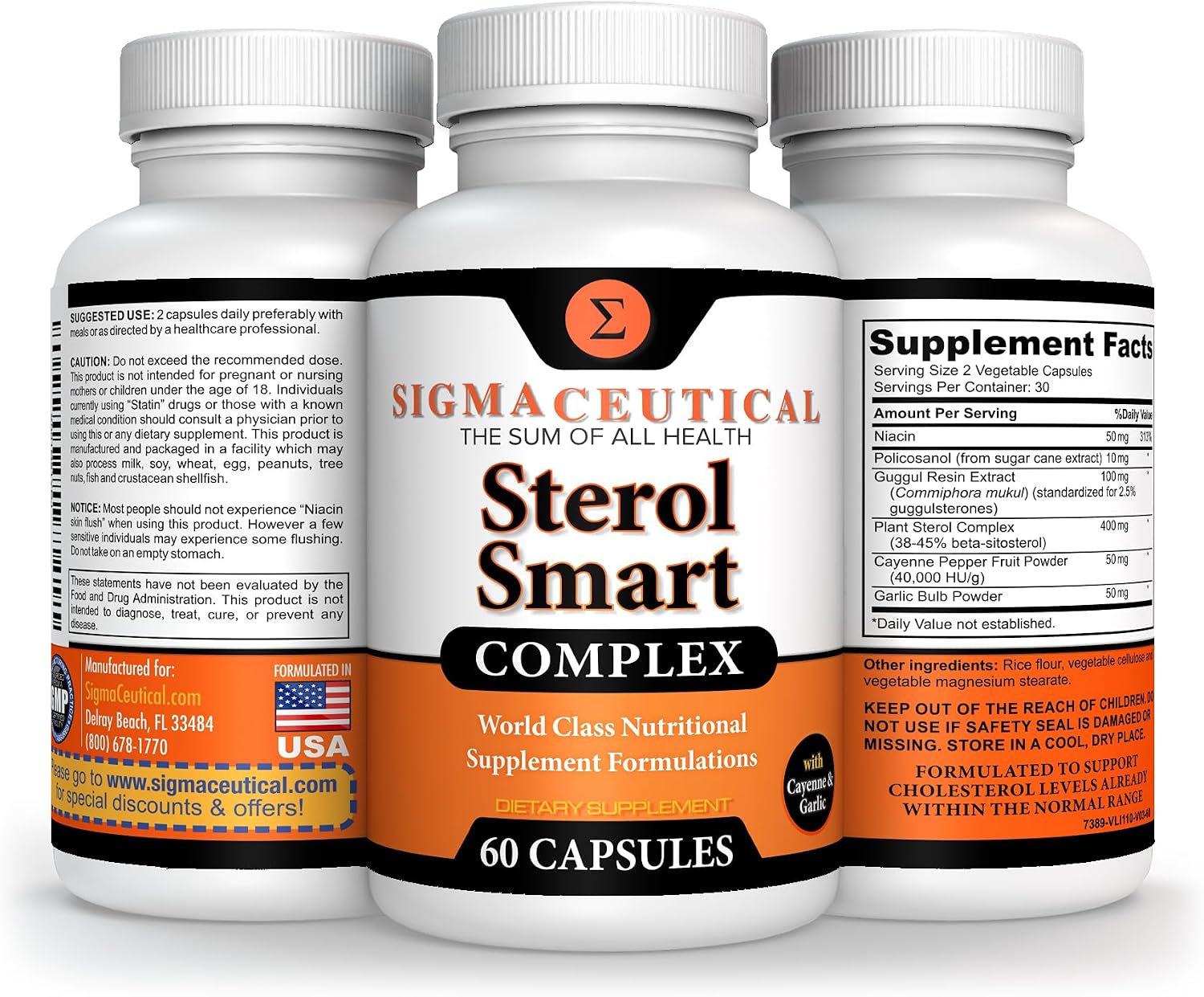 Complejo de Niacina, Beta-Sitosterol, Policosanol, Esteroles Vegetales, Ajo y Cayena - 60 Cápsulas