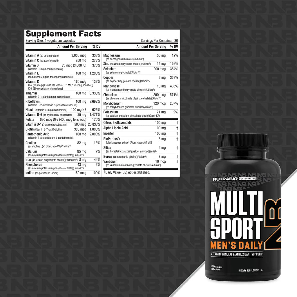 NutraBio MultiSport Men's Multivitamin - 33 Vitamins and Minerals - 120 Capsules