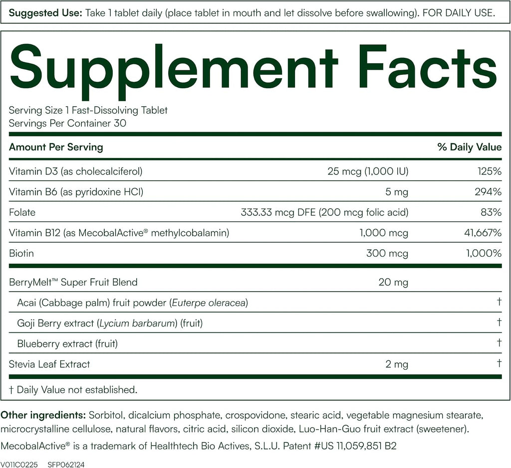 B-12 Energy Berry Lemonade Melt - Methylcobalamin, B6, D3, Folic Acid & Biotin - 30 Orally Dissolving Tablets