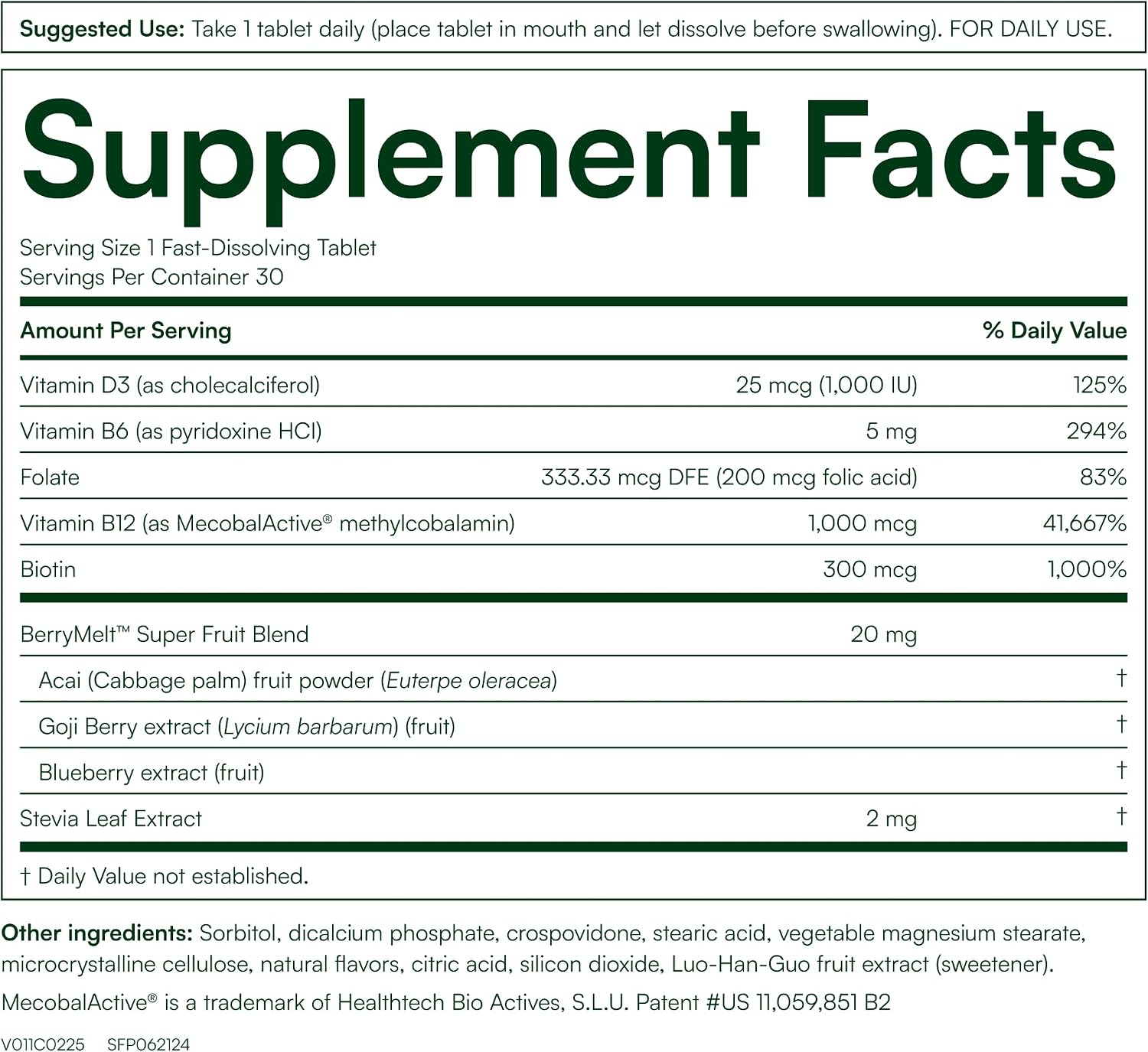 B-12 Energy Berry Lemonade Melt - Methylcobalamin, B6, D3, Folic Acid & Biotin - 30 Orally Dissolving Tablets