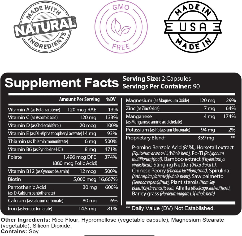 Kaya Naturals Cápsulas para Cabello, Piel y Uñas con Biotina y Vitaminas - 180 Cápsulas
