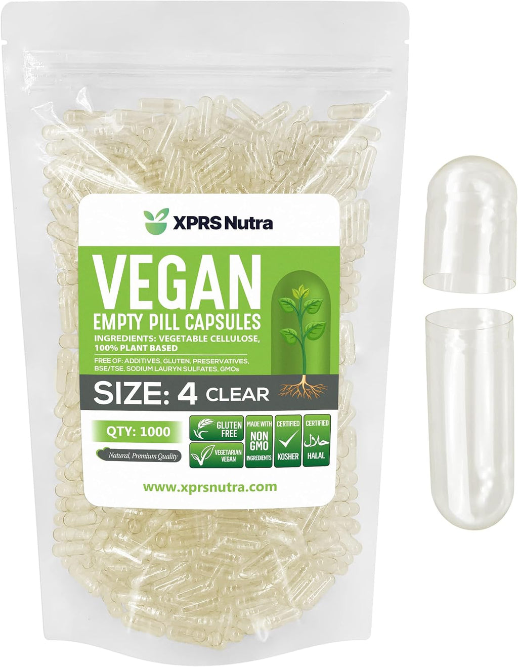 XPRS Nutra Cápsulas Vacías Tamaño 4 - 1000 Unidades - Cápsulas Veganas Pequeñas Transparentes - Cápsulas Vegetarianas para Rellenar - DIY