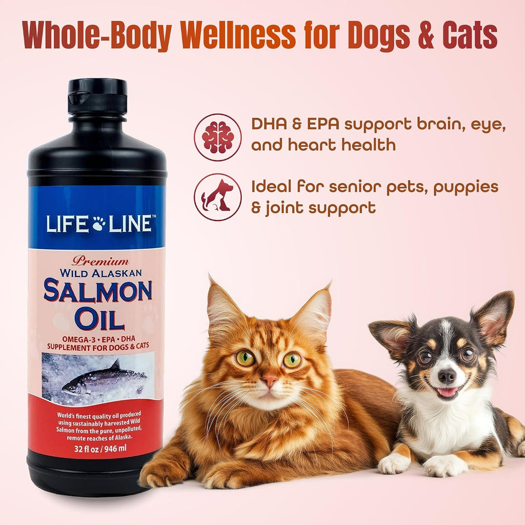 Life Line Aceite de Salmón para Mascotas | Omega-3 EPA DHA para Perros y Gatos | Apoya la Piel, Pelaje, Cerebro y Corazón | Filtrado en Frío – 946 ml