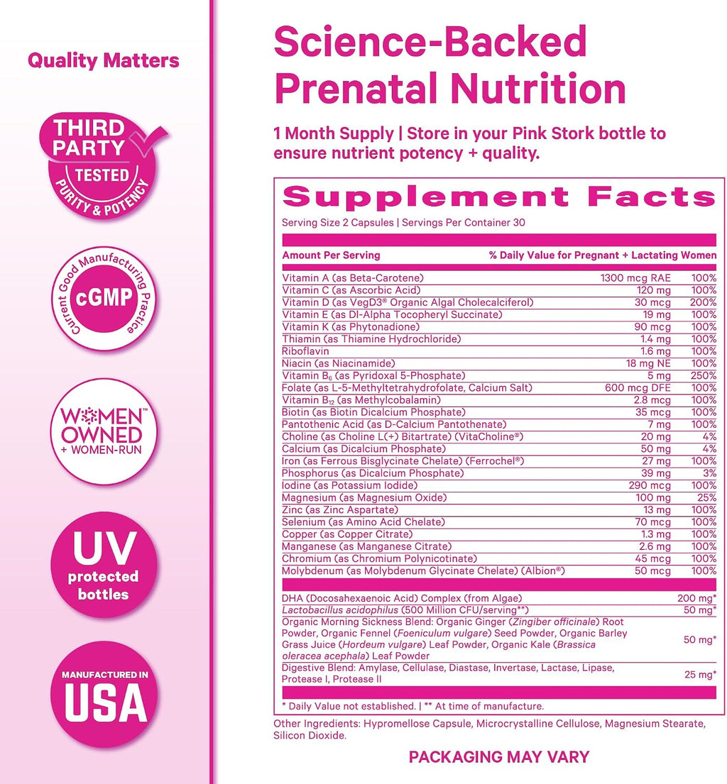 Pink Stork Premium Prenatal - Vitaminas Prenatales con Folato Metilado, DHA de Algas y Hierro