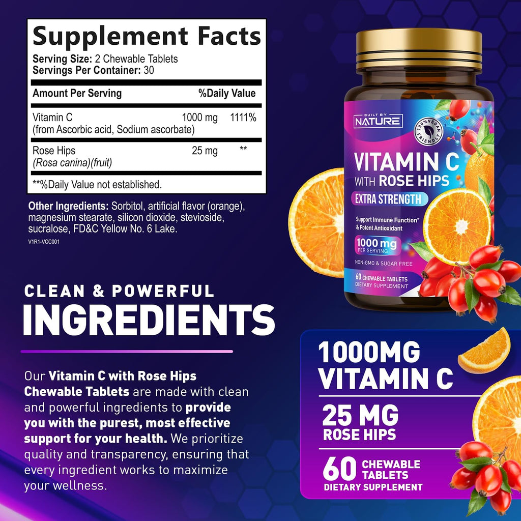 Built by Nature Vitamina C Masticable con Escaramujo - 1000 mg - Sabor Naranja - 60 Comprimidos