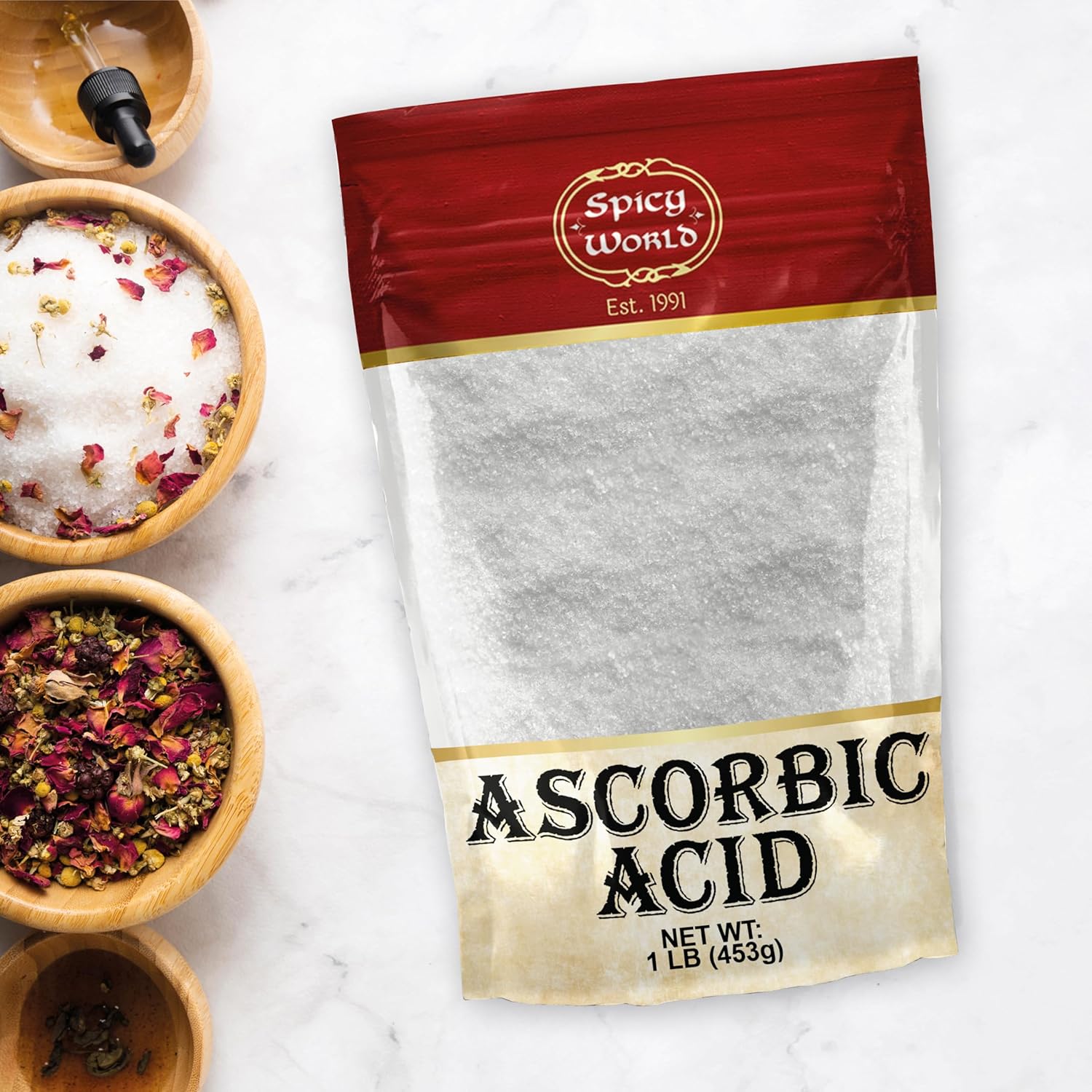 Spicy World Ácido Ascórbico 1 Libra - Polvo de Vitamina C Pura - 100% Puro, Grado Alimenticio, Grado USP