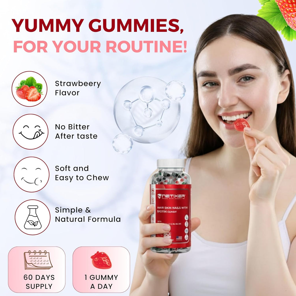 nETiXER Biotin Gummies 5000 mcg | Multivitamin Gummies | Vitamins A C D E B6 B12 with Zinc | Strawberry Flavor | Vegan | Individually Wrapped | 60 Count