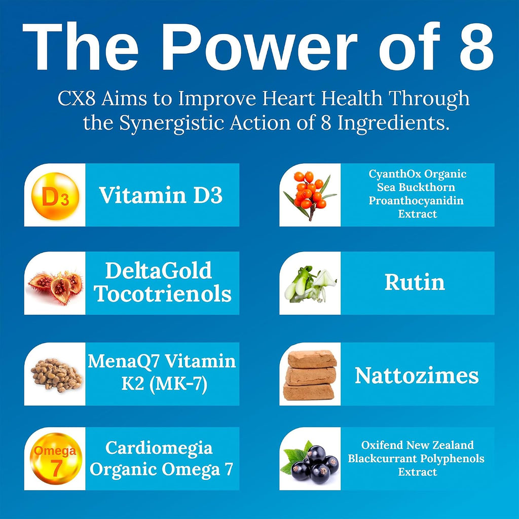 Xtendlife CX8 Suplemento para la Salud Cardiovascular con Vitamina K2 MK7, D3, Tocotrienoles y Espino Amarillo (30 días)