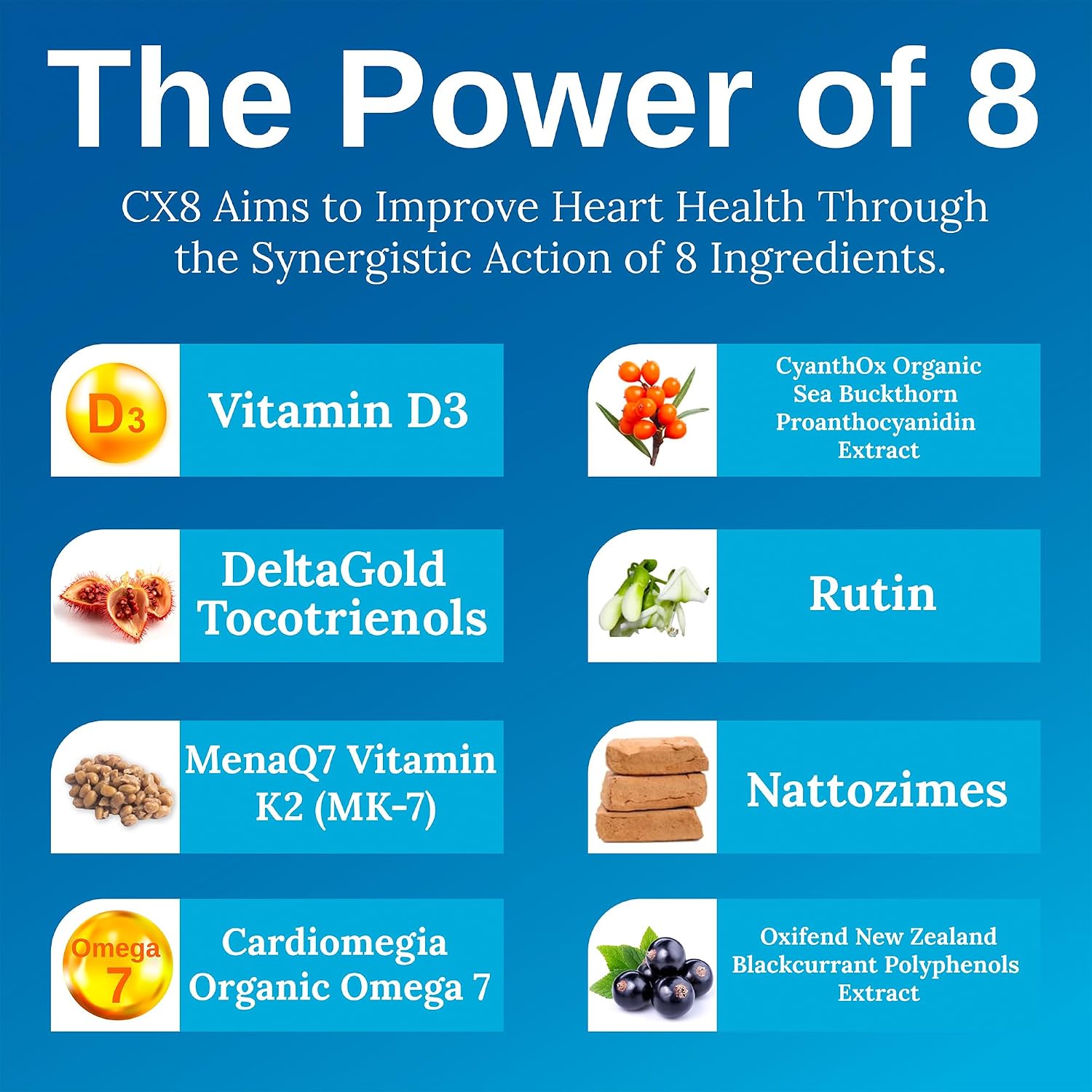 Xtendlife CX8 Suplemento para la Salud Cardiovascular con Vitamina K2 MK7, D3, Tocotrienoles y Espino Amarillo (30 días)