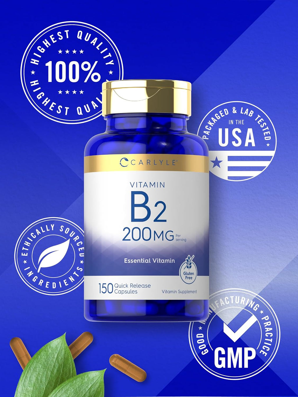 Carlyle Vitamina B2 200mg | 150 Cápsulas | Riboflavina | Sin OGM y Sin Gluten