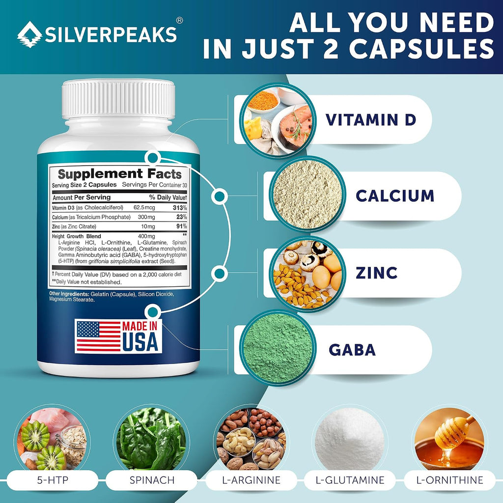 SILVERPEAKS Maximizador de Crecimiento - Complemento alimenticio con Calcio, Zinc, GABA y Vitamina D3