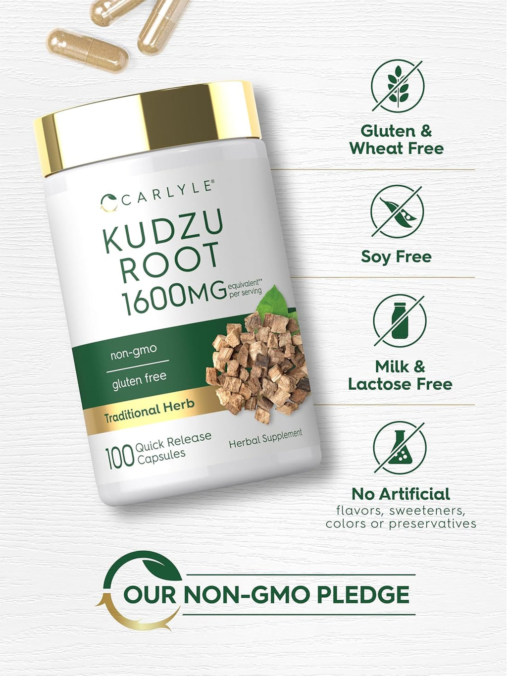 Carlyle Raíz de Kudzu Extracto | 100 Cápsulas | Fórmula No-GMO y Sin Gluten | Suplemento Herbal Tradicional