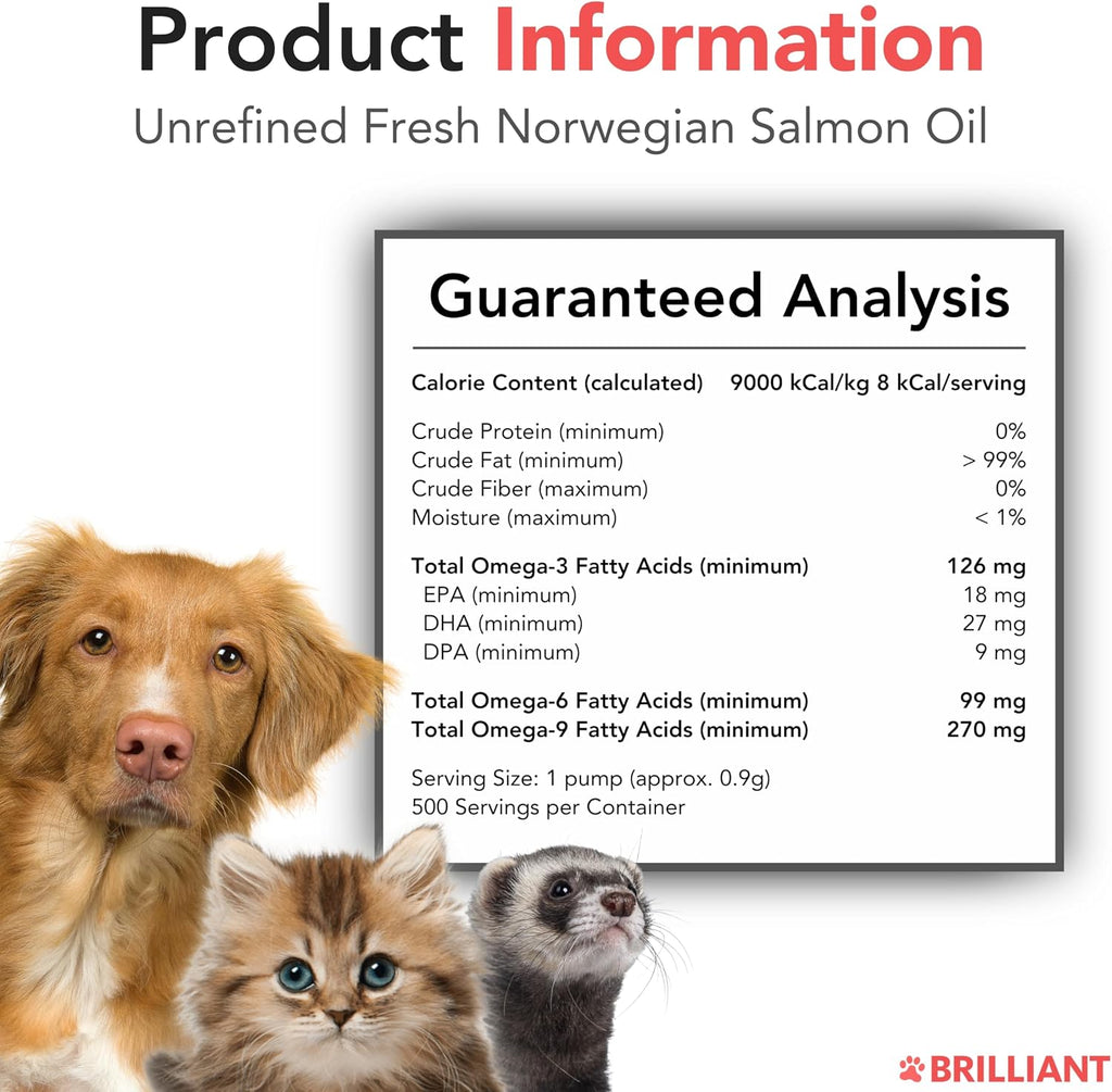 Brilliant Norwegian Salmon Oil for Dogs, Cats, Horse, Ferret - Pure Omega 3, 6 & 9 - 2x500 ml