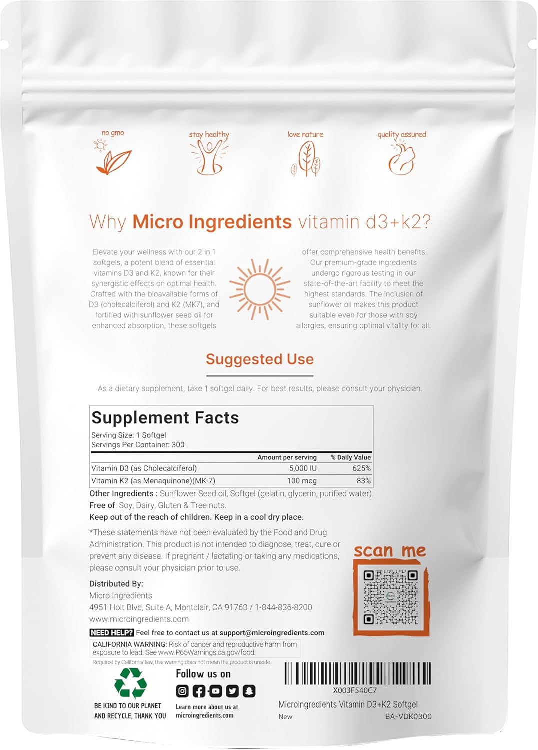 Micro Ingredients Vitamina D3 5.000 UI + K2 MK-7 100 mcg, 300 Cápsulas Blandas